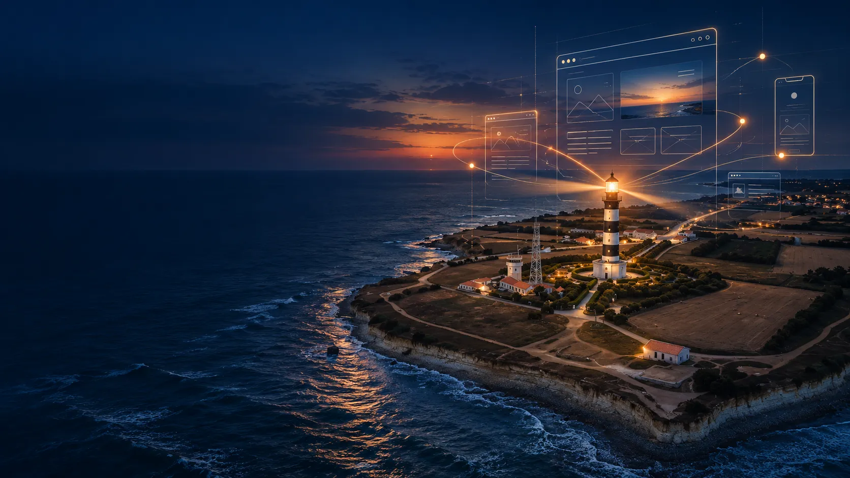 Le phare de Chassiron illuminé la nuit, évoquant la création de site web par Pharéo