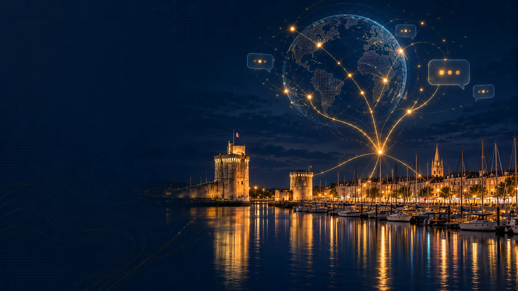 Tour de La Rochelle sous un ciel traversé d'un réseau lumineux évoquant l'intelligence artificielle