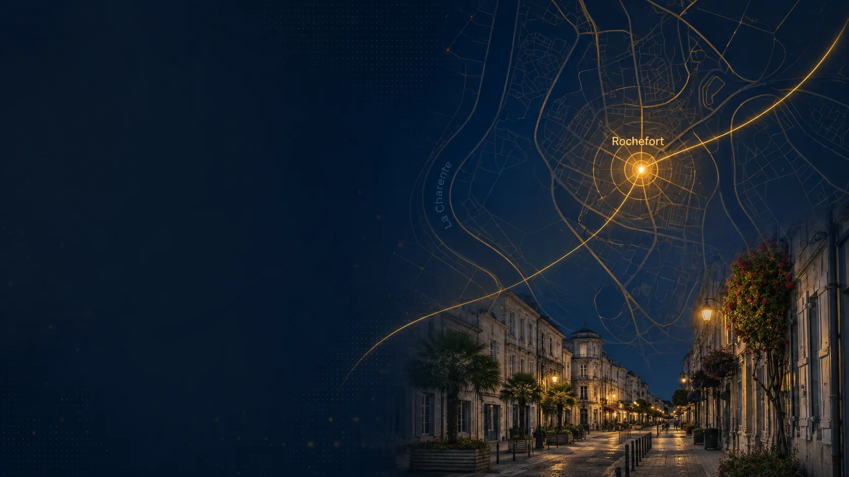 Vue nocturne d'une rue de Rochefort avec un faisceau lumineux ambré rayonnant sur un plan de la ville