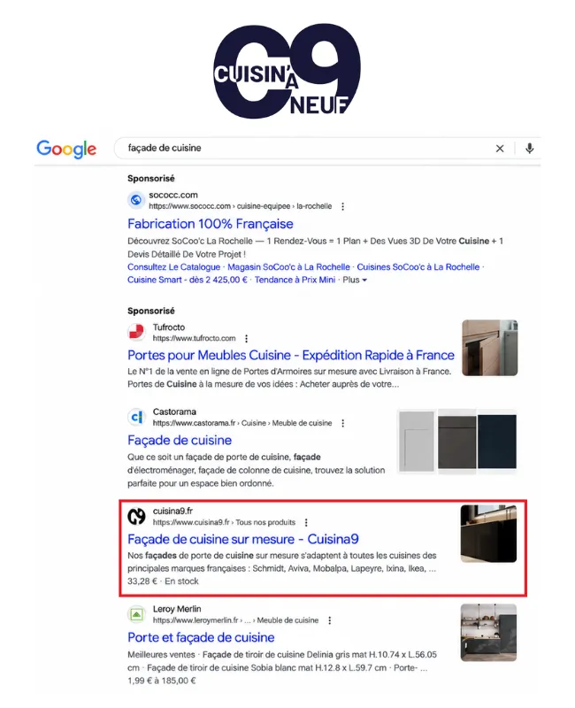 Résultat Google montrant Cuisina9 positionné devant Leroy Merlin sur la requête façade de cuisine