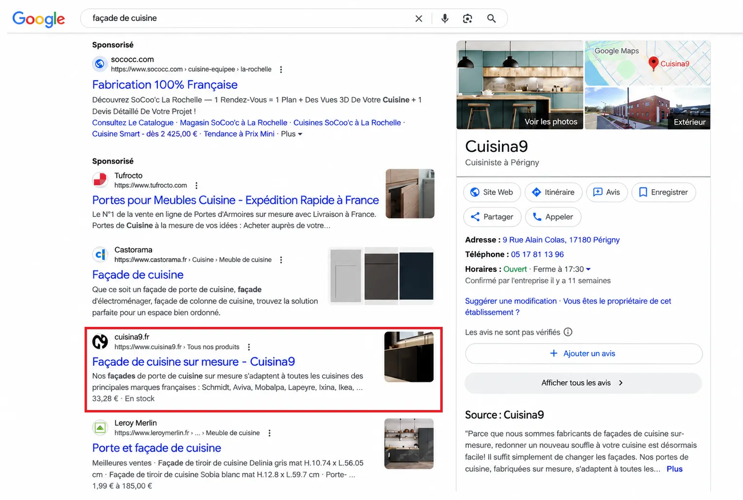 Résultats Google pour « façade de cuisine » : le site Cuisina9 encadré en rouge, positionné devant Leroy Merlin